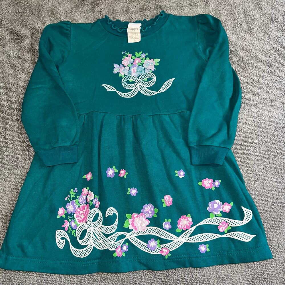 Vintage Girls long sleeve floral and bow print dress size 6  Andover Togs.